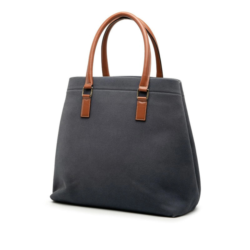 Celine Cabas Bag Brown Navy Blue Tote Horizontal Leather Canvas Brown Blue